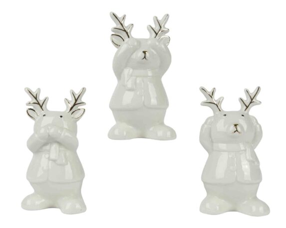 Decorazione Renna da Appoggio Bianco e Oro Assortito 5x6x11cm in Porcellana