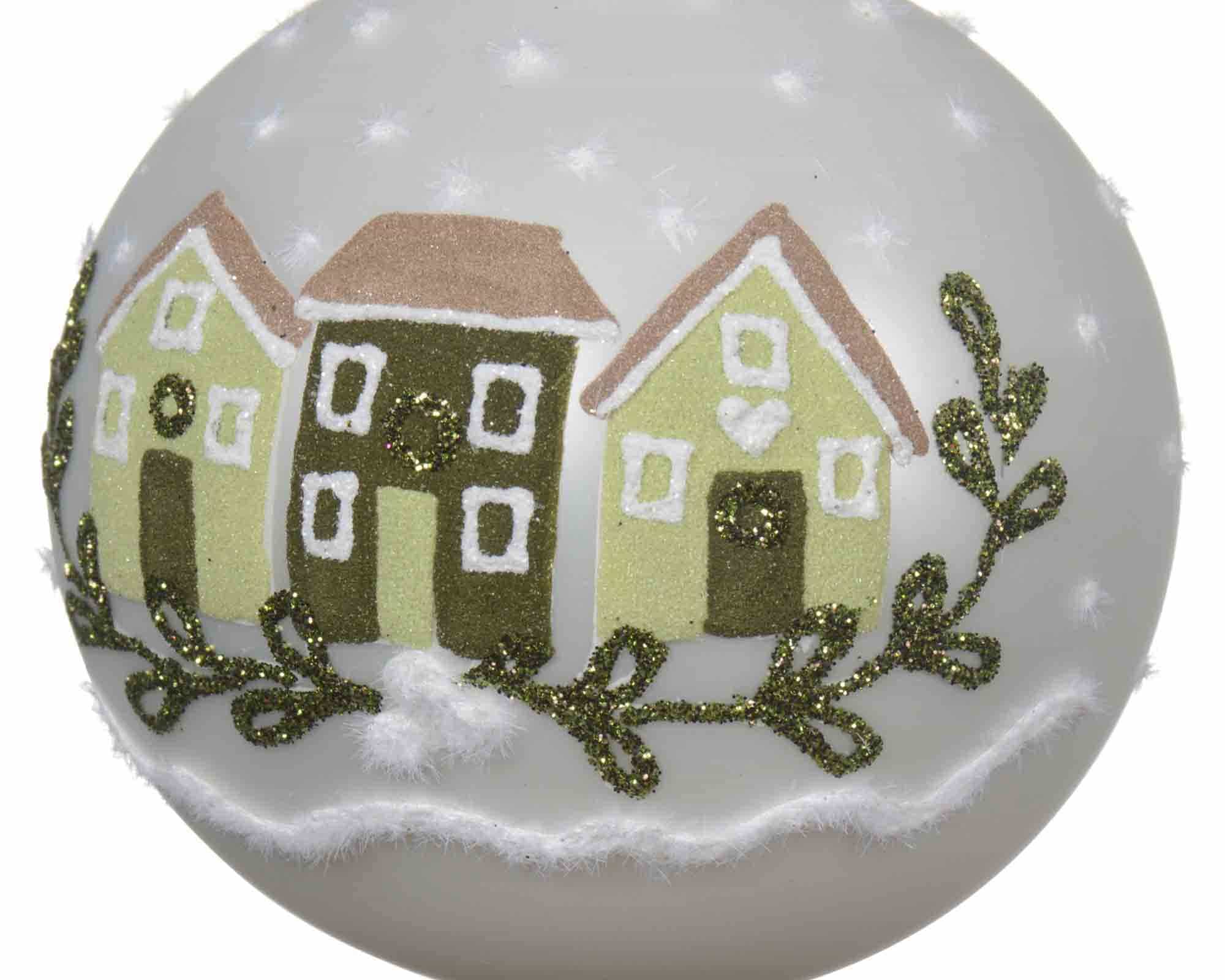 Set 3 Pz Sfera Bianca con Casette di Marzapane e Neve D8cm in Vetro - immagine 2