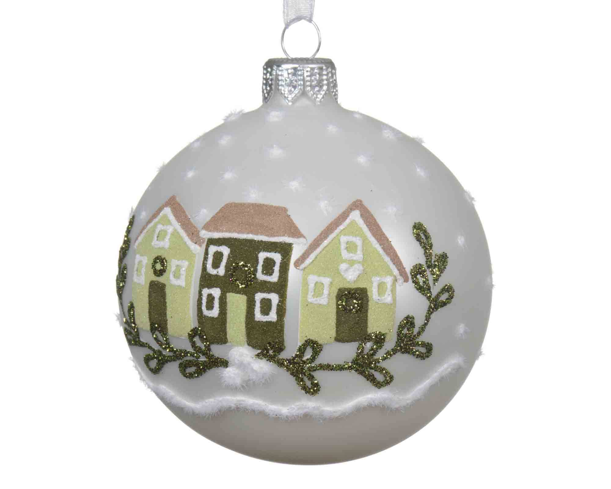 Set 3 Pz Sfera Bianca con Casette di Marzapane e Neve D8cm in Vetro