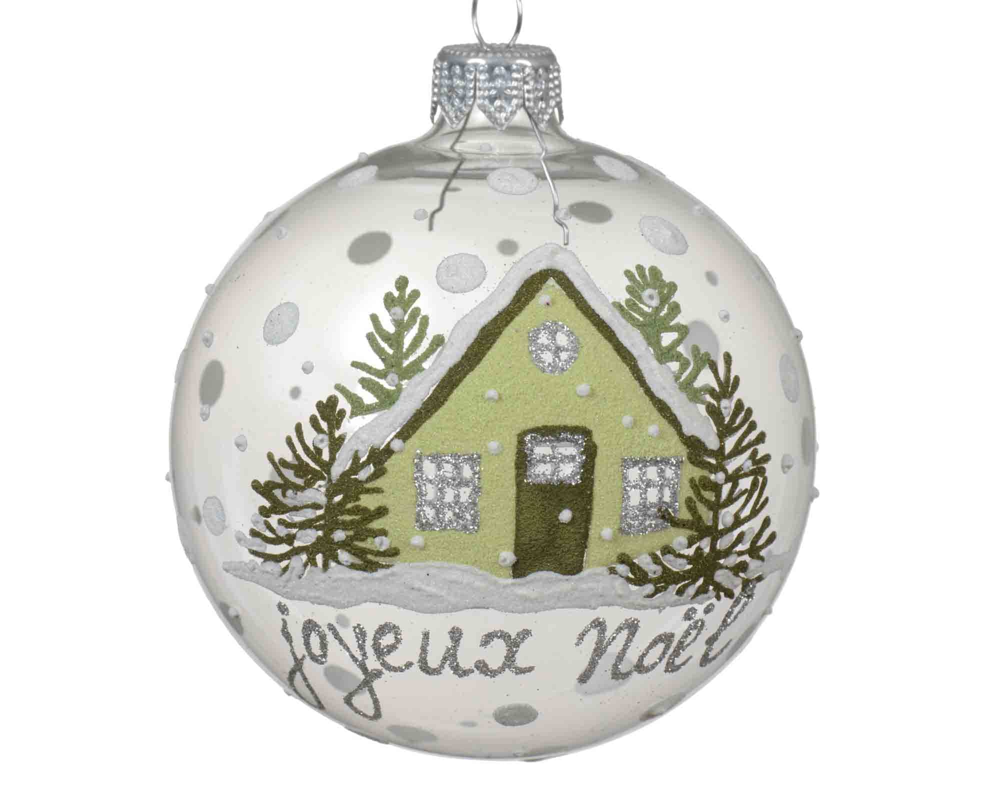 Sfera Joyeux Noel Trasparente con Case Decorative D8cm in Vetro