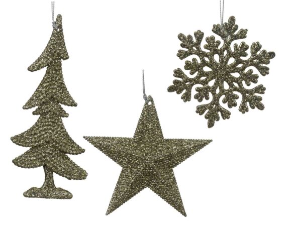 Pendente Glitterato Stella, Albero o Fiocco di Neve Verde Assortito 10x10cm in Plastica