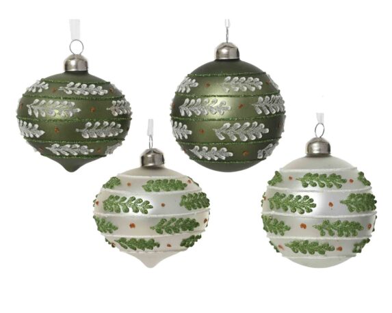 Sfera Verde e Bianco con Foglie e Righe Glitterate Assortito D8cm in Vetro
