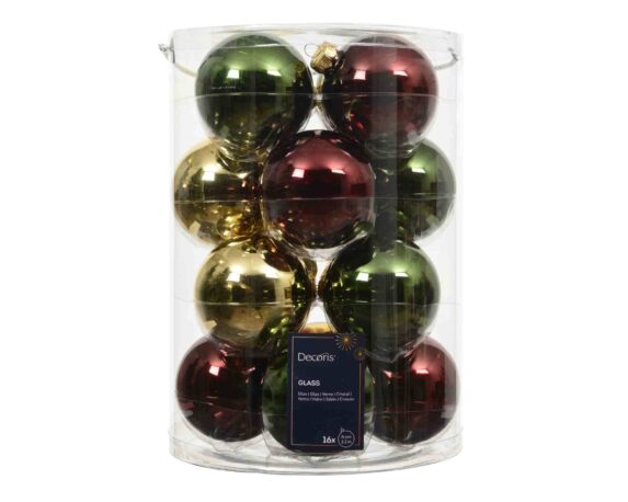 Set 16 Pz Sfere Verde Scuro Assortito D8cm in Vetro