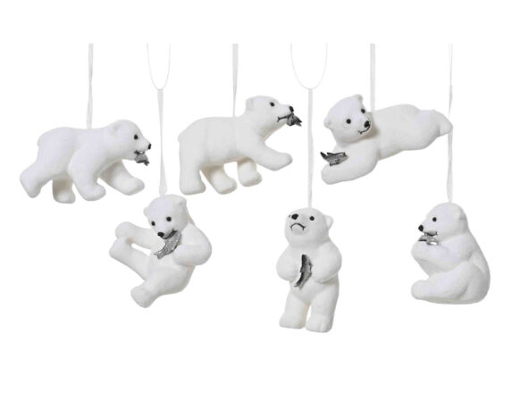 Set 6 Pz Pendente Orso Innevato Bianco con Pesce D5x8,5cm in Polistirolo