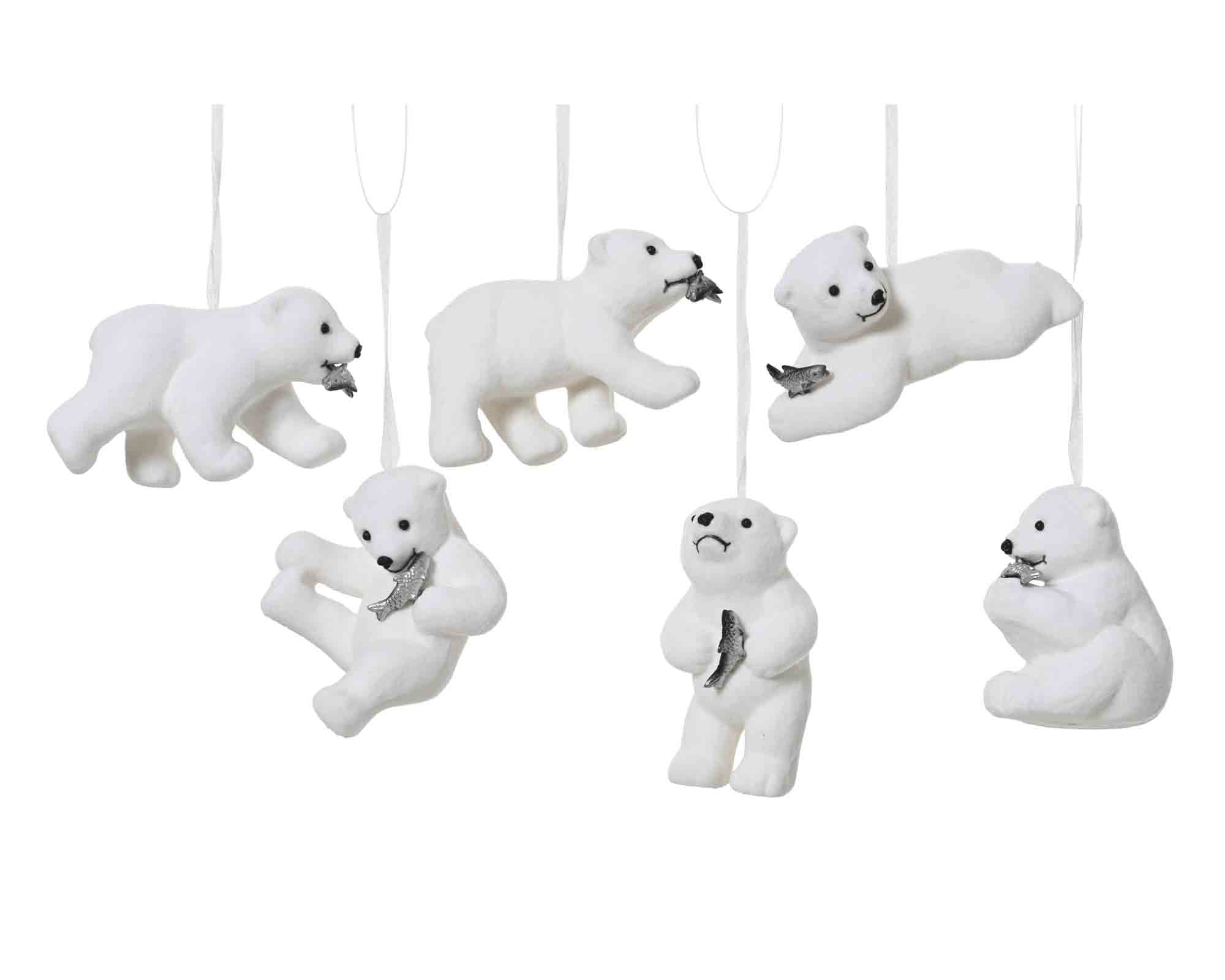 Set 6 Pz Pendente Orso Innevato Bianco con Pesce D5x8,5cm in Polistirolo
