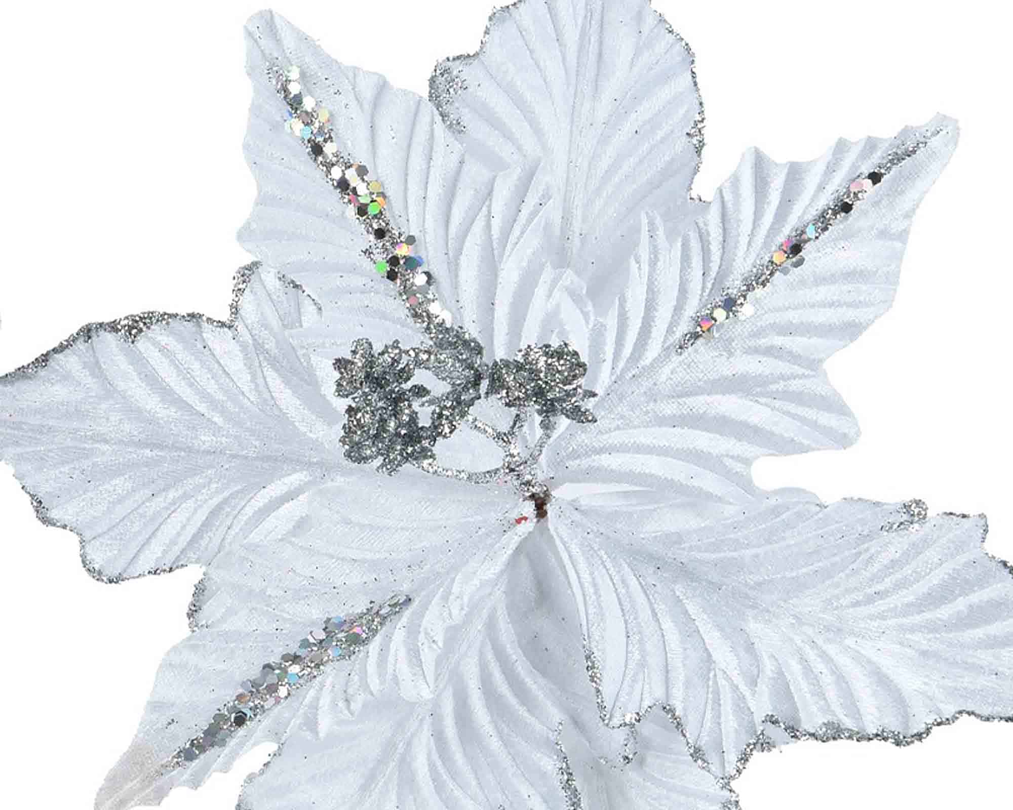 Poinsetta Bianco e Argento Decorativo con Petali e Lustrini 24x7cm - immagine 2