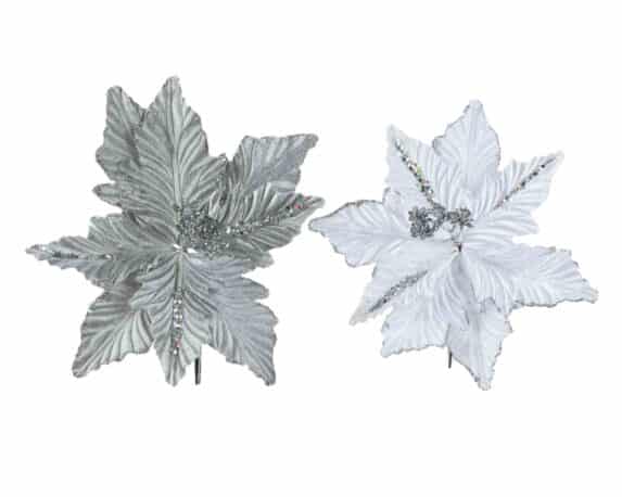 Poinsetta Bianco e Argento Decorativo con Petali e Lustrini 24x7cm