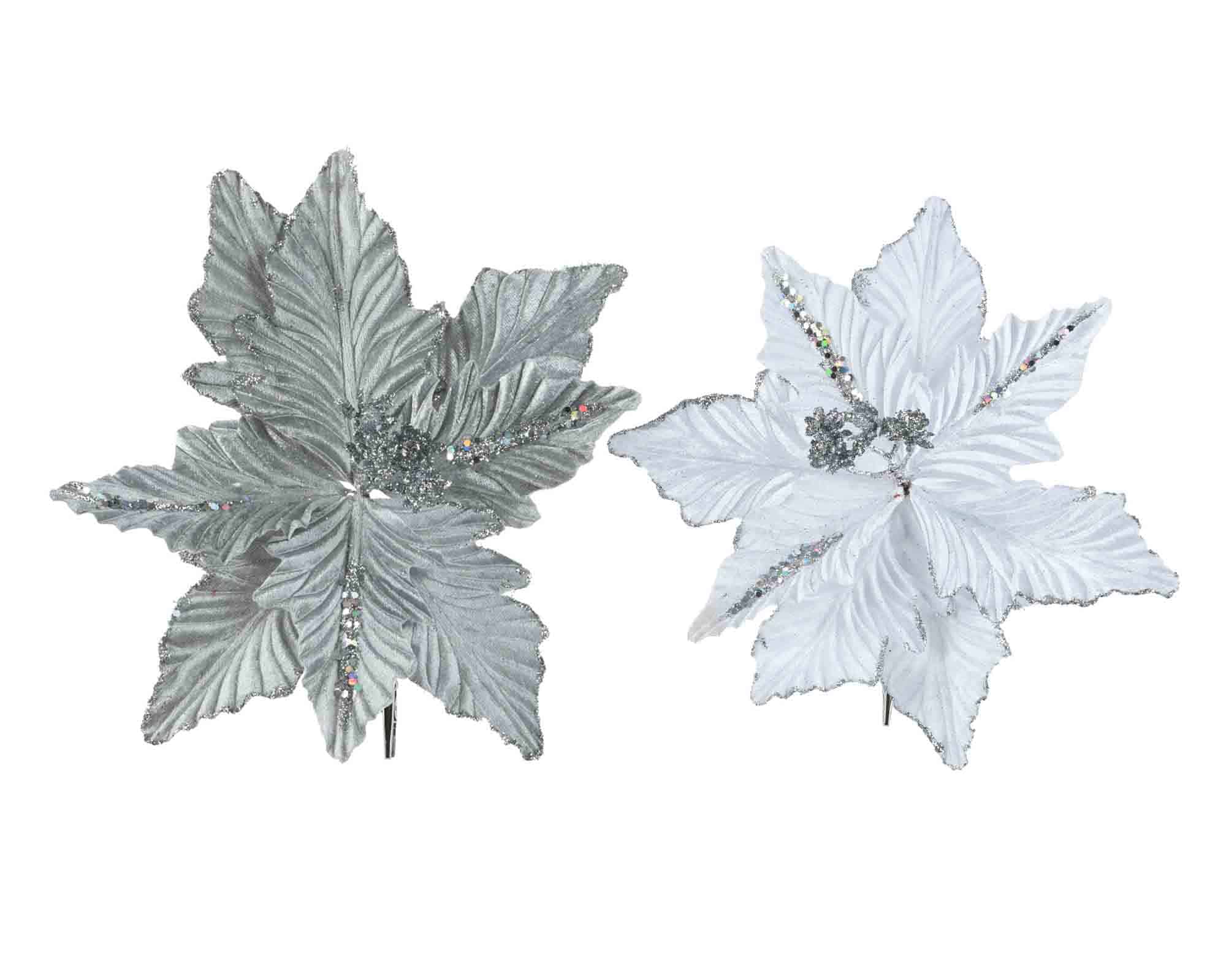 Poinsetta Bianco e Argento Decorativo con Petali e Lustrini 24x7cm