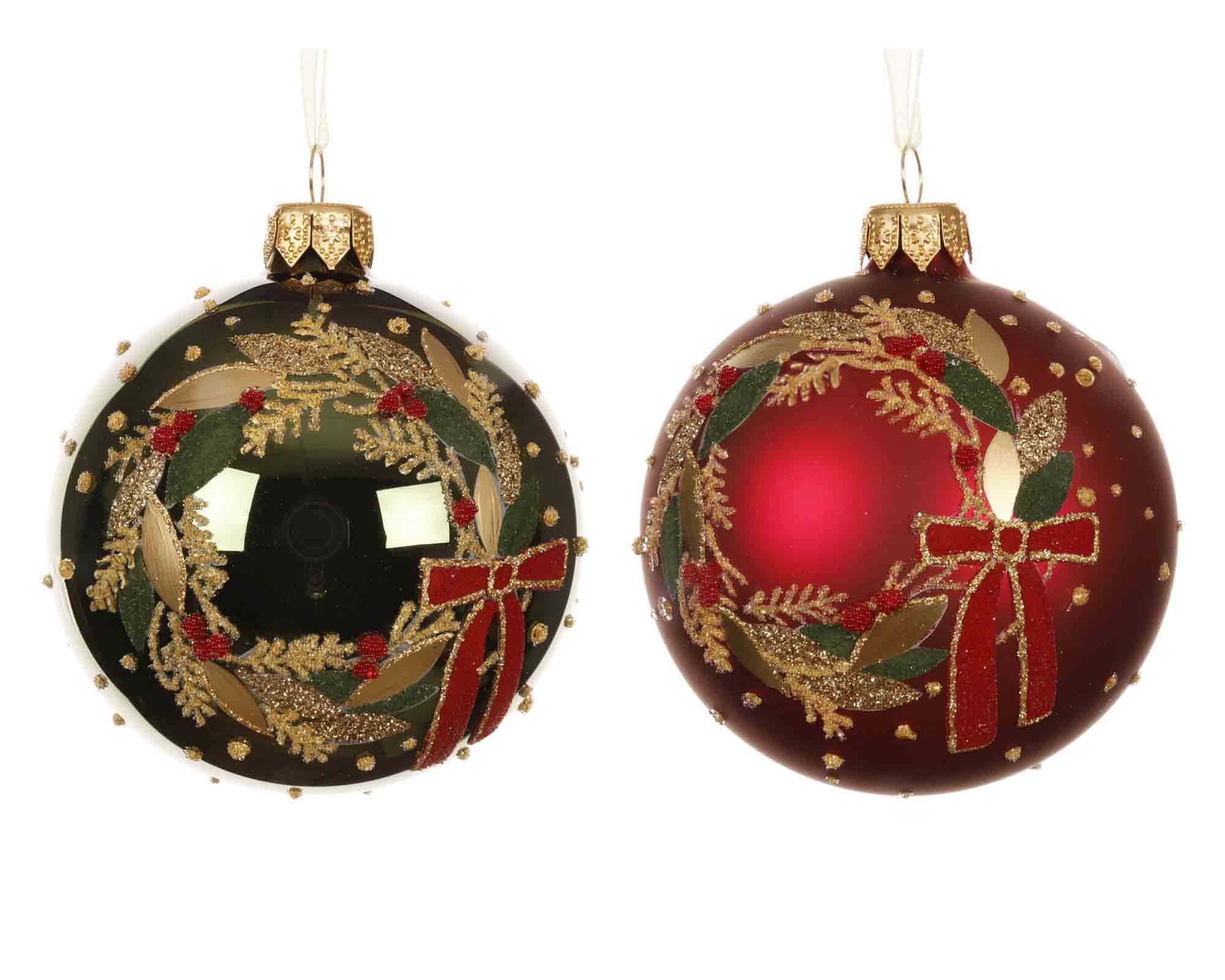 Sfera Rosso e Verde con Corona Decorativa Dorata Assortito D8cm in Vetro