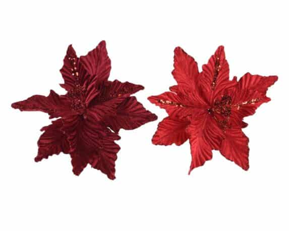 Poinsetta Rosso e Verde Decorativo con Petali e Lustrini 24x7cm