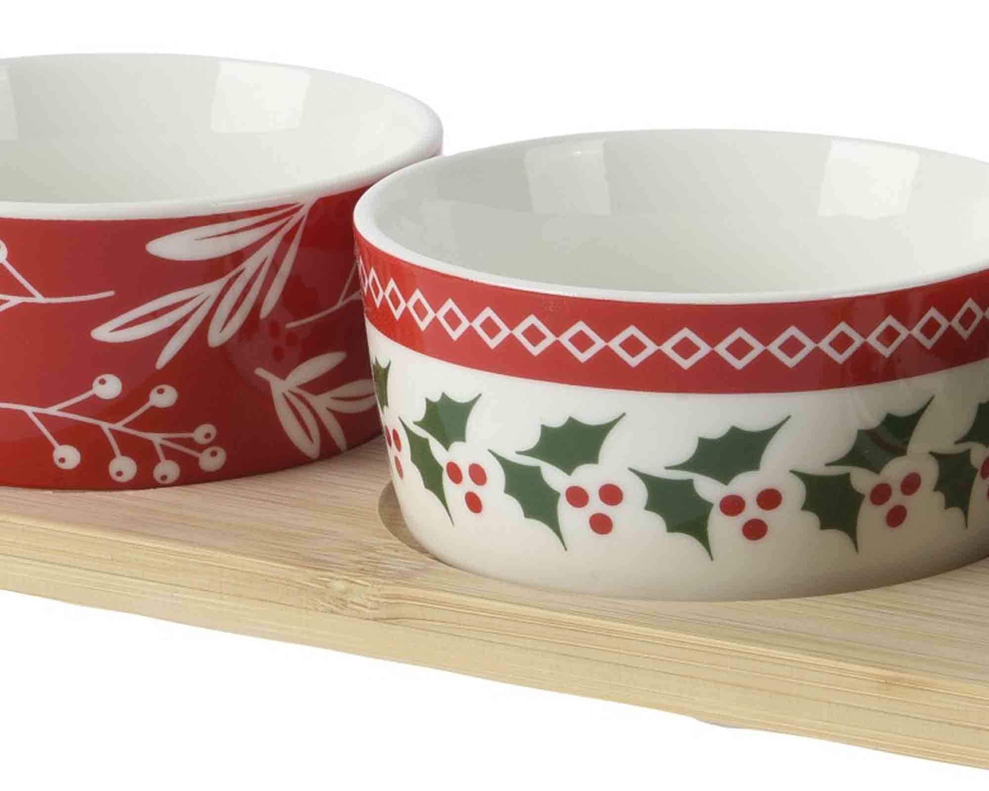 Set 4 Pz Ciotole per Aperitivo Tapas con Base Multicolore 10x38x3,5cm in Legno e Porcellana - immagine 2