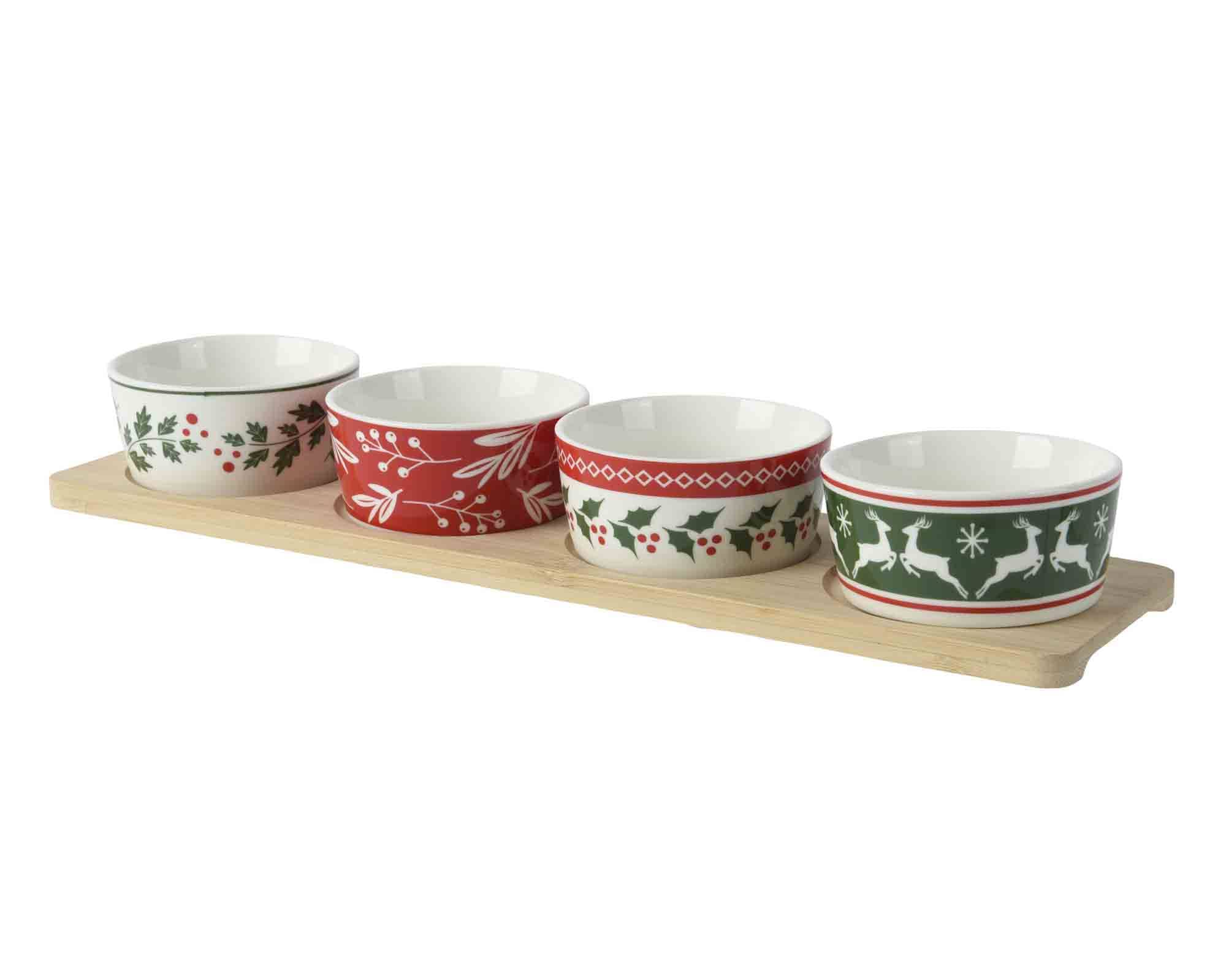 Set 4 Pz Ciotole per Aperitivo Tapas con Base Multicolore 10x38x3,5cm in Legno e Porcellana