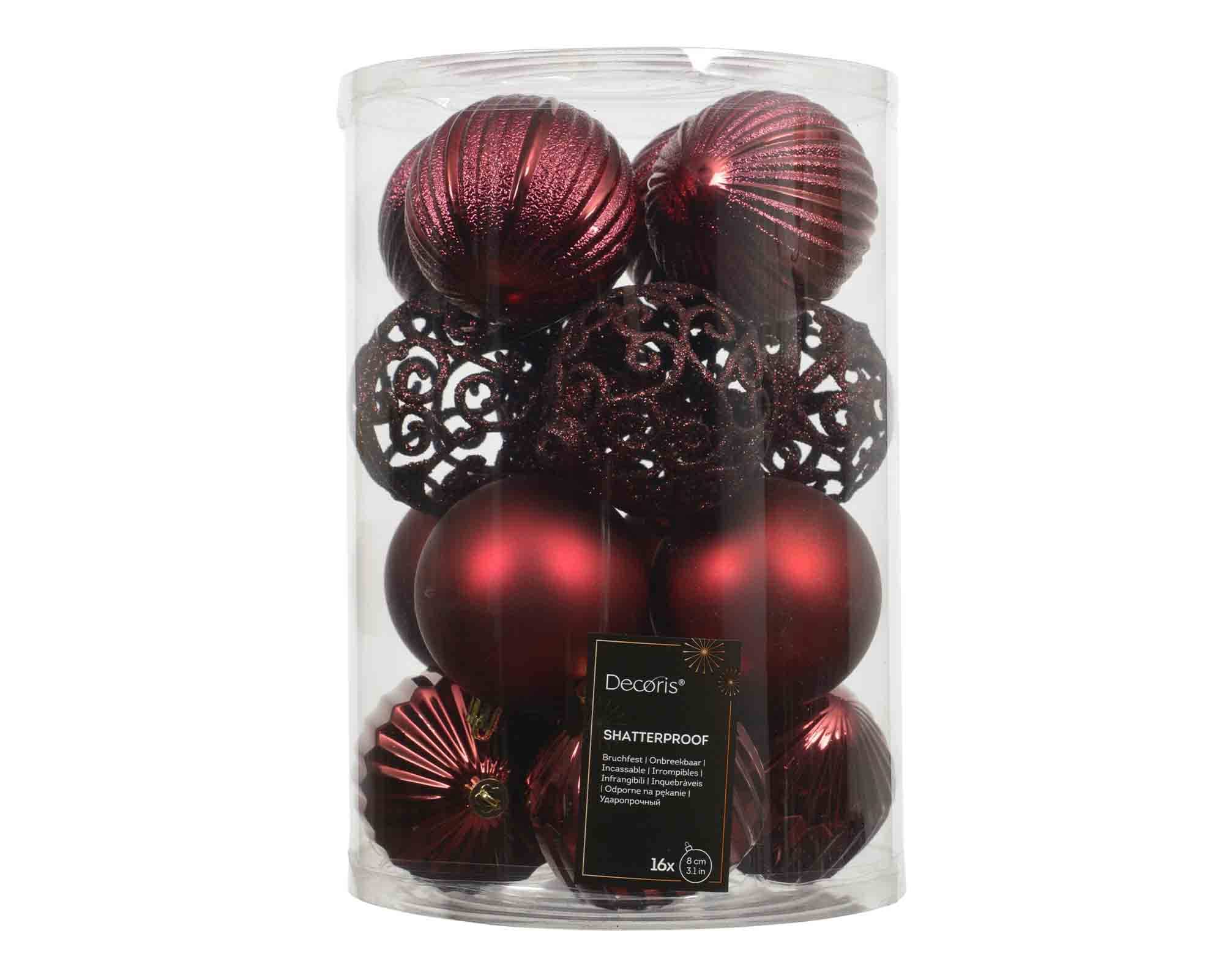 Set 16 Pz Sfere Rosso Scuro Assortito D8cm in Plastica