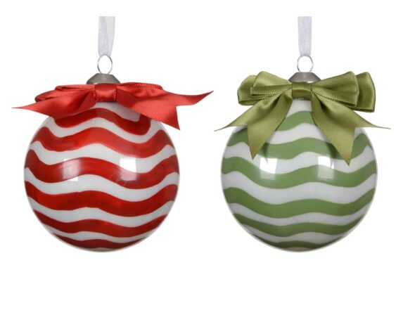 Sfera Rosso e Verde a Righe Ondulari Bianco Assortito D8cm in Vetro