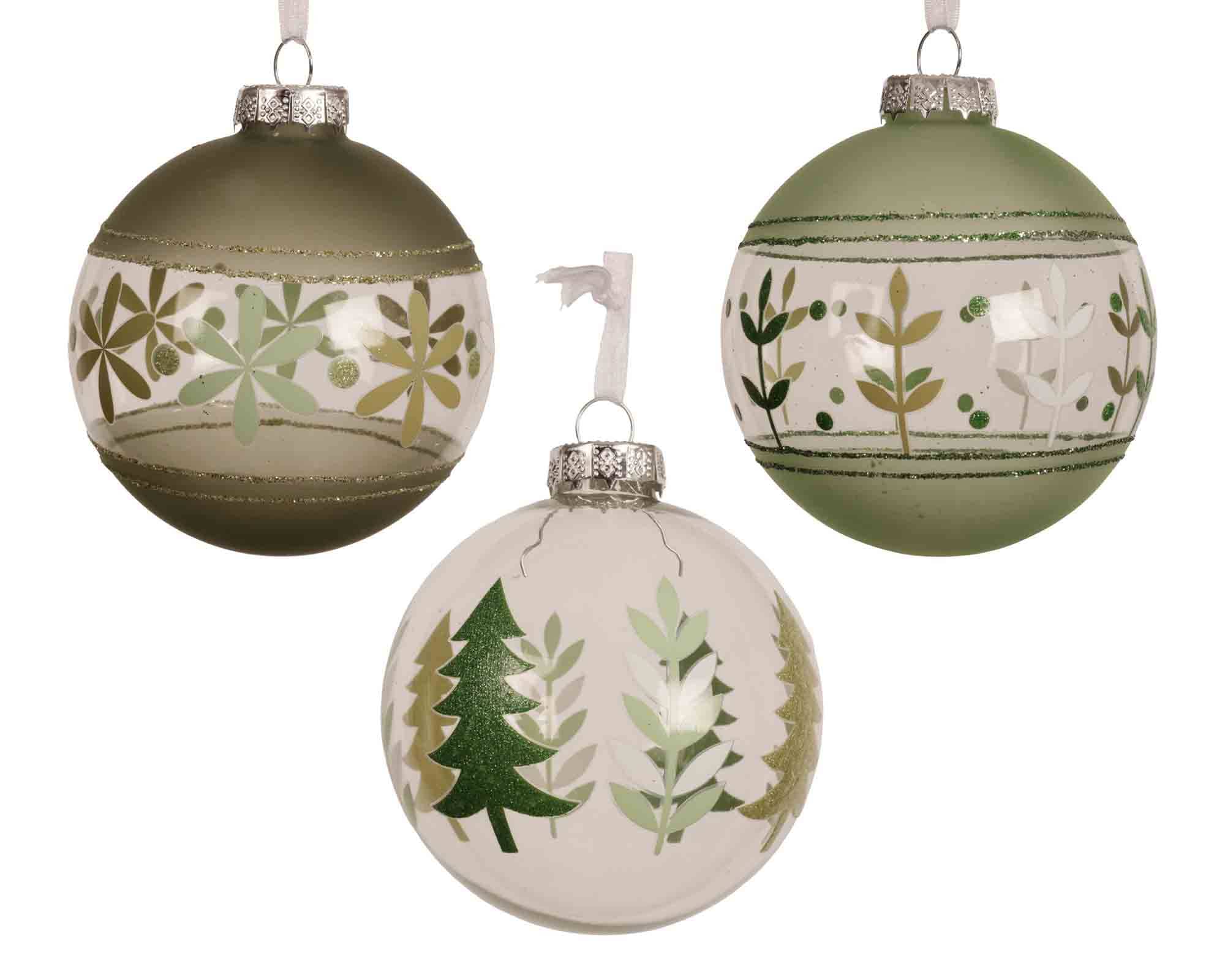 Sfera Trasparente Decal con Decorazioni Verdi Assortite D8cm in Vetro