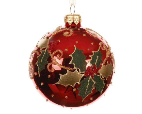 Sfera Rossa con Agrifoglio Decorativo Assortito D8cm in Vetro