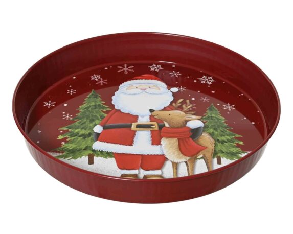 Vassoio Rotondo Rosso con Babbo Natale e Renna D34x5cm in Alluminio