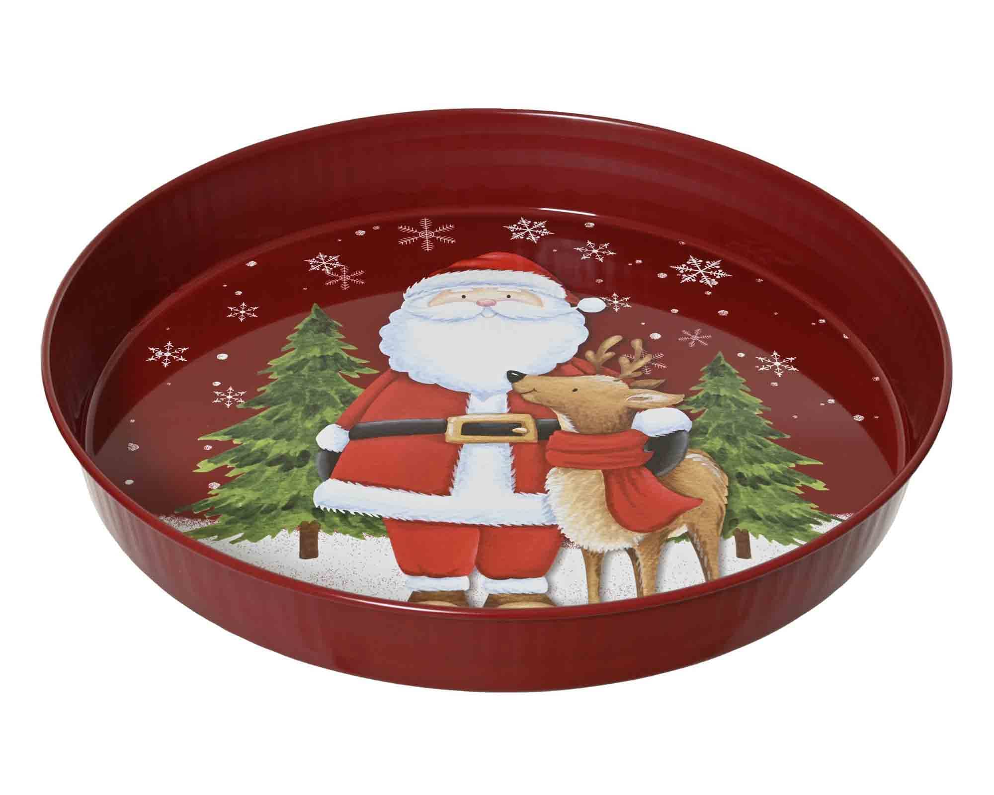 Vassoio Rotondo Rosso con Babbo Natale e Renna D34x5cm in Alluminio
