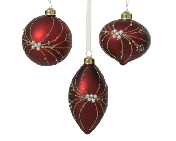 Sfera Rossa con Perle e Glitter Assortito D8cm in Vetro