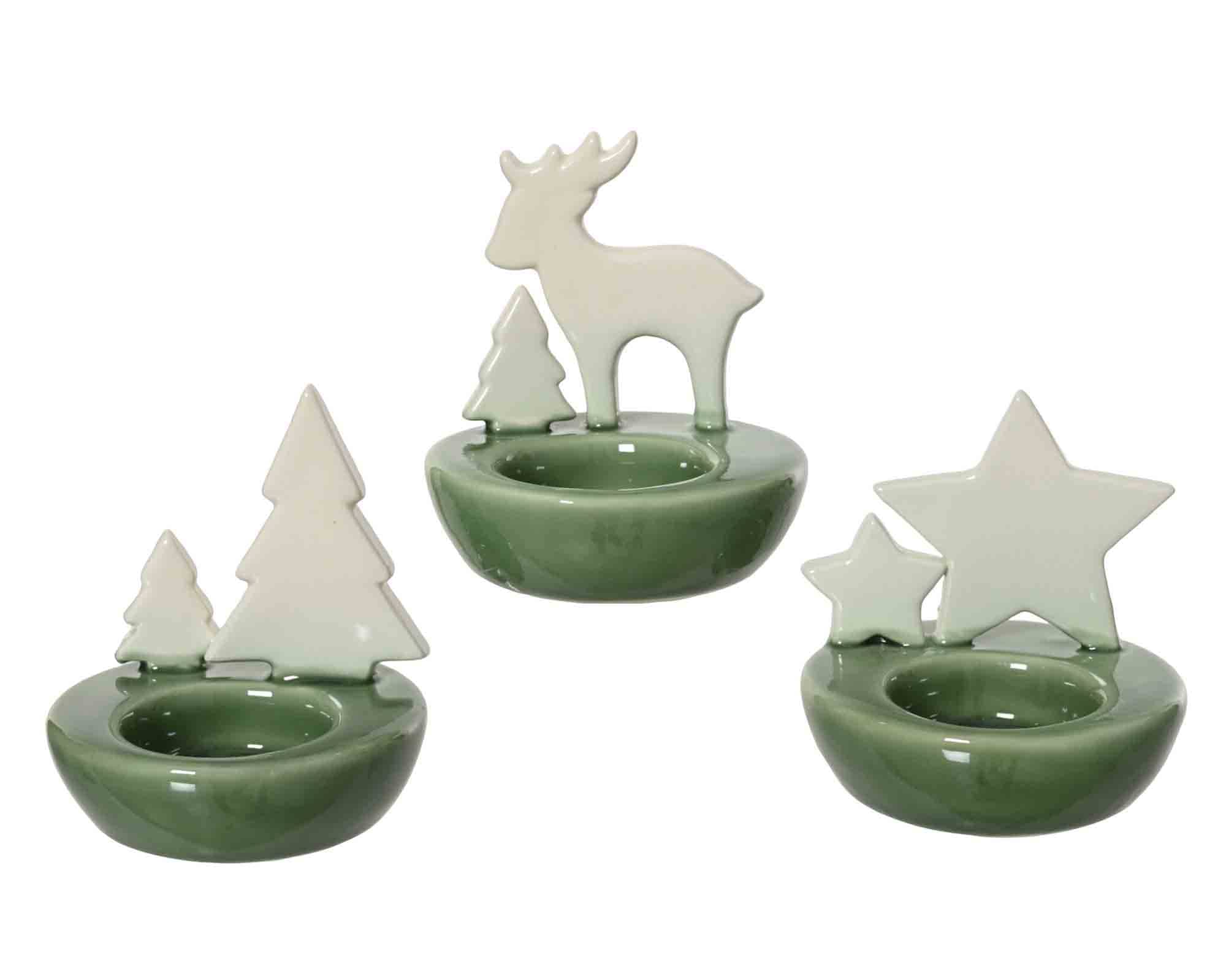 Decorazione Portacandela Bianco e Verde con Alberi, Renne o Stelle 8,5x8,5x9cm in Ceramica