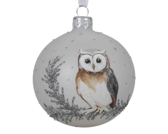 Sfera Bianca con Gufo Decorativo D8cm in Vetro