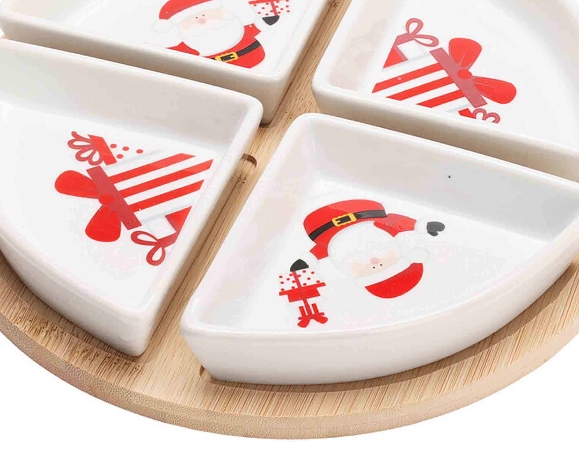 Set 5 Pz Antipastiera di Natale con Vassoio e 4 Ciotole 22cm in Porcellana e Bamboo - immagine 2