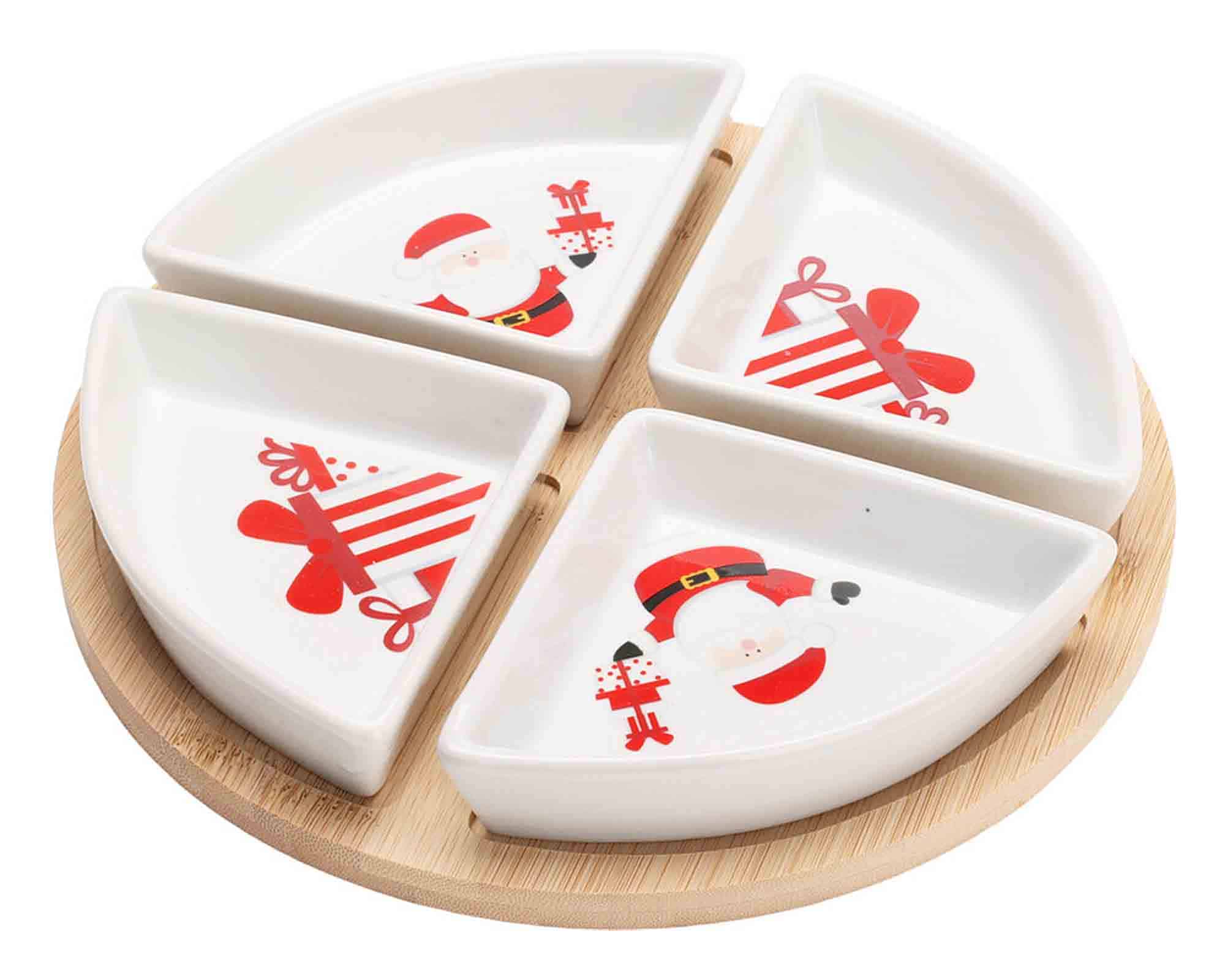 Set 5 Pz Antipastiera di Natale con Vassoio e 4 Ciotole 22cm in Porcellana e Bamboo