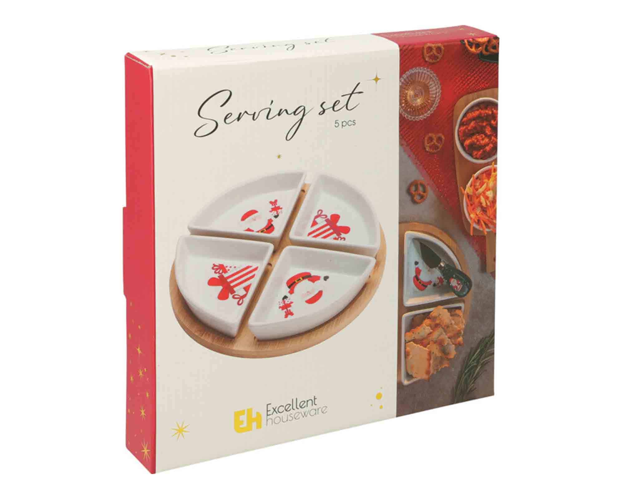 Set 5 Pz Antipastiera di Natale con Vassoio e 4 Ciotole 22cm in Porcellana e Bamboo - immagine 3