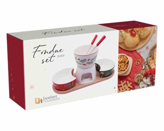 Set 6 Pz Fonduta per il Cioccolato Natalizia con Scaldavivande 28,5×12×13cm in Ceramica