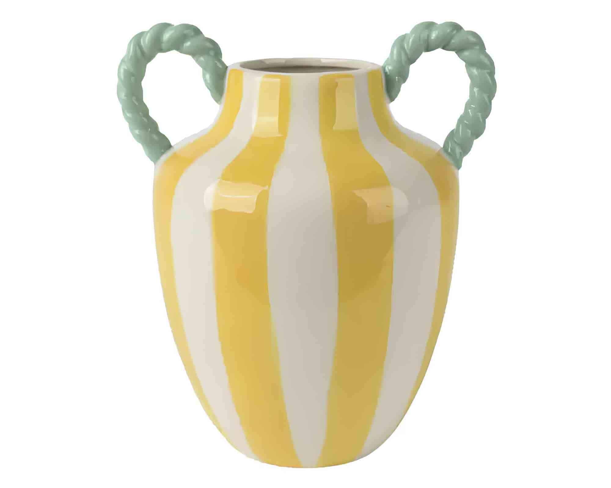 Vaso a Strisce con Manici Giallo e Bianco 21,5x18x26cm in Dolomite - Kaemingk