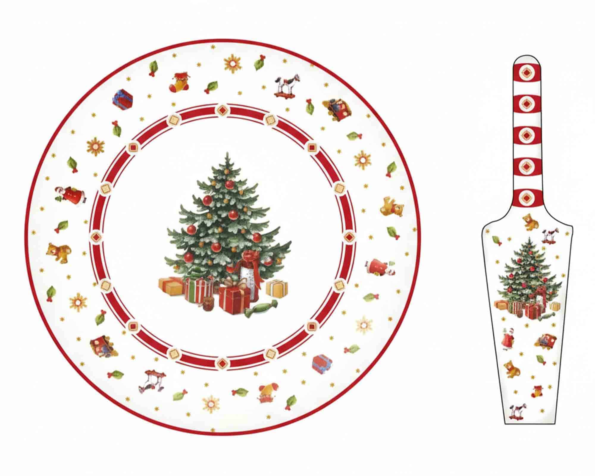 Piatto per Panettone con Paletta con Albero di Natale D30cm in Porcellana - Arca