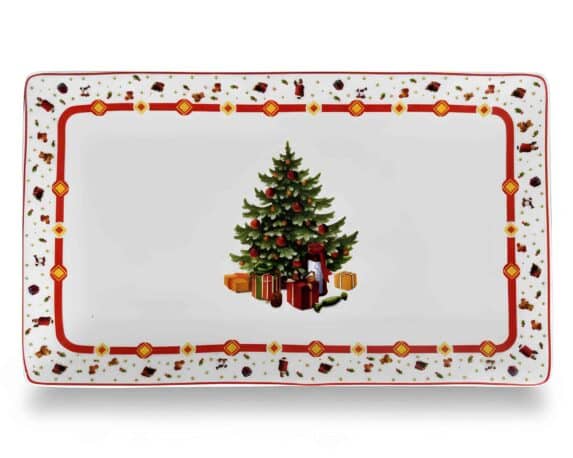 Vassoio Rettangolare Rosso con Albero di Natale 27x16x6,5cm in Porcellana – Arca
