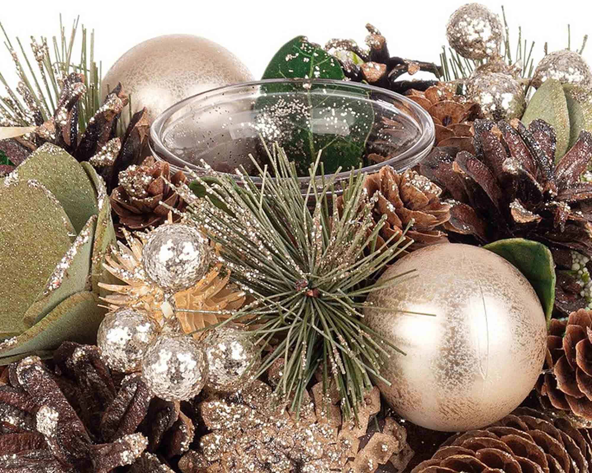 Decorazione Portacandele Aileen Nature Tondo con Bacche e Pigne D19x9cm in Polistirolo e Vetro - Bizzotto - immagine 2