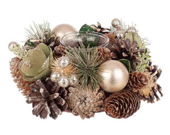Decorazione Portacandele Aileen Nature Tondo con Bacche e Pigne D19x9cm in Polistirolo e Vetro – Bizzotto