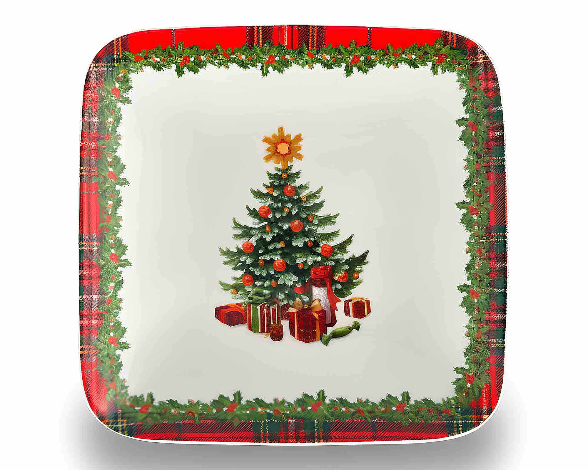 Vassoio Quadrato Scozzese con Albero di Natale 12x12cm in Porcellana - Arca