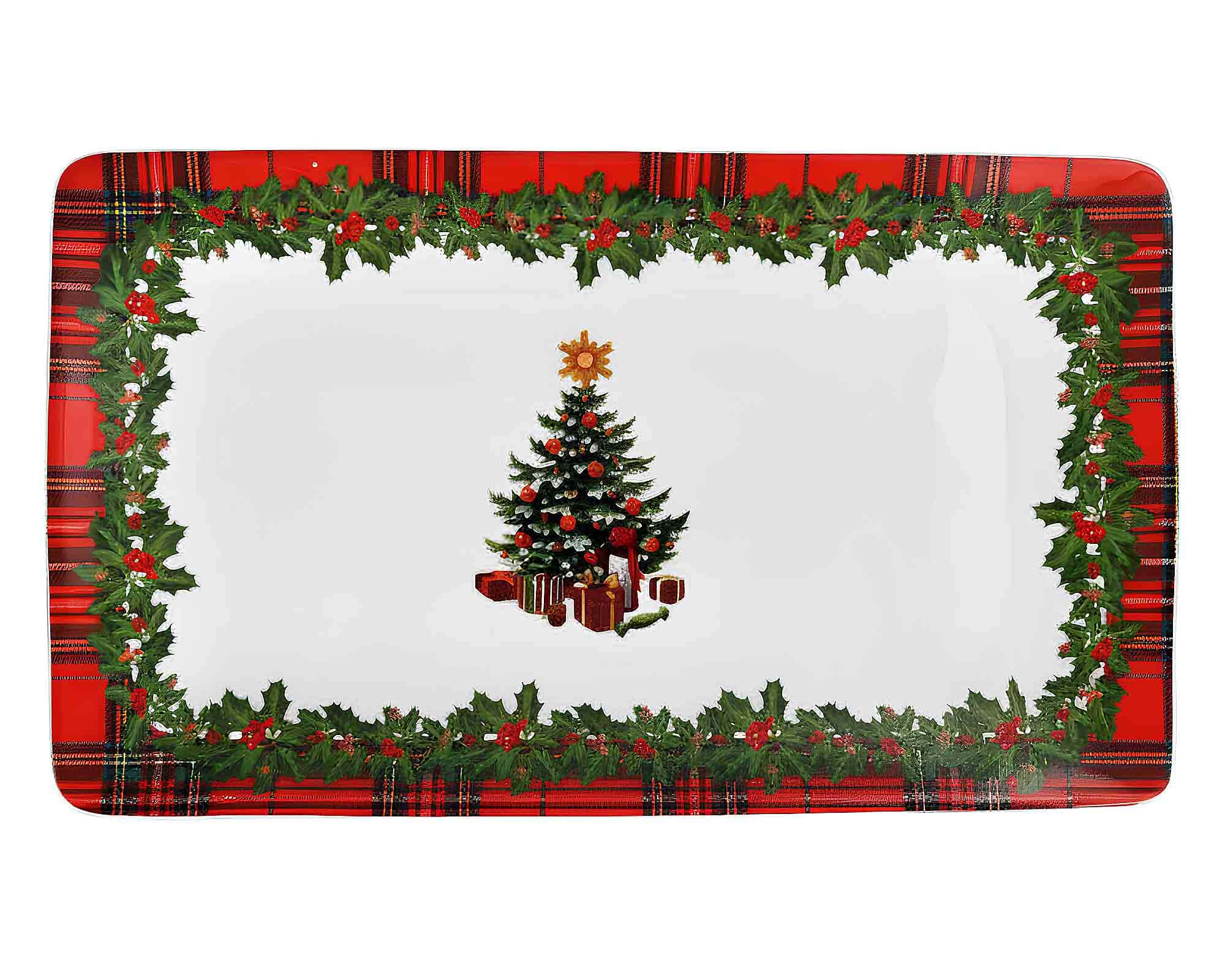 Vassoio Rettangolare Scozzese con Albero di Natale 27x16x6,5cm in Porcellana - Arca