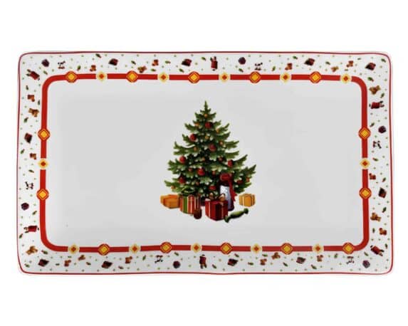 Vassoio Rettangolare Rosso con Albero di Natale 34x20x6,5cm in Porcellana – Arca