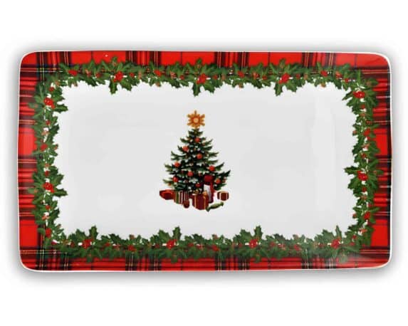 Vassoio Rettangolare Scozzese con Albero di Natale 34x20x6,5cm in Porcellana – Arca