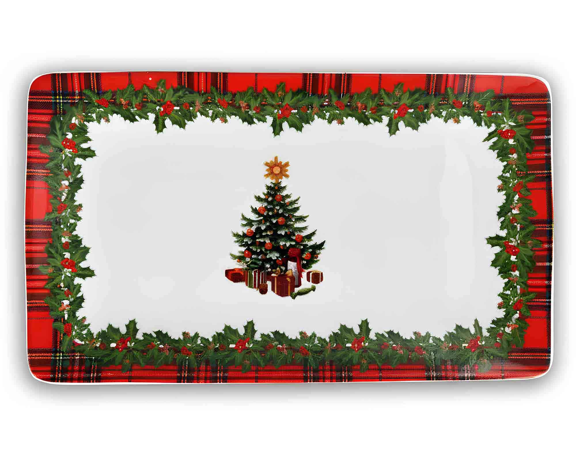 Vassoio Rettangolare Scozzese con Albero di Natale 34x20x6,5cm in Porcellana - Arca