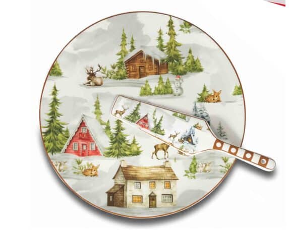 Piatto per Panettone con Paletta Paesaggio di Natale D30cm in Porcellana – Arca
