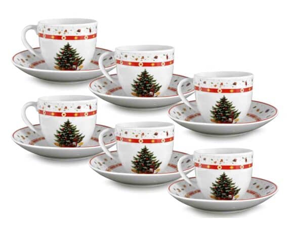 Set 6 Pz Tazzina con Piattino e Albero di Natale D4,5×5,5cm in Porcellana – Arca