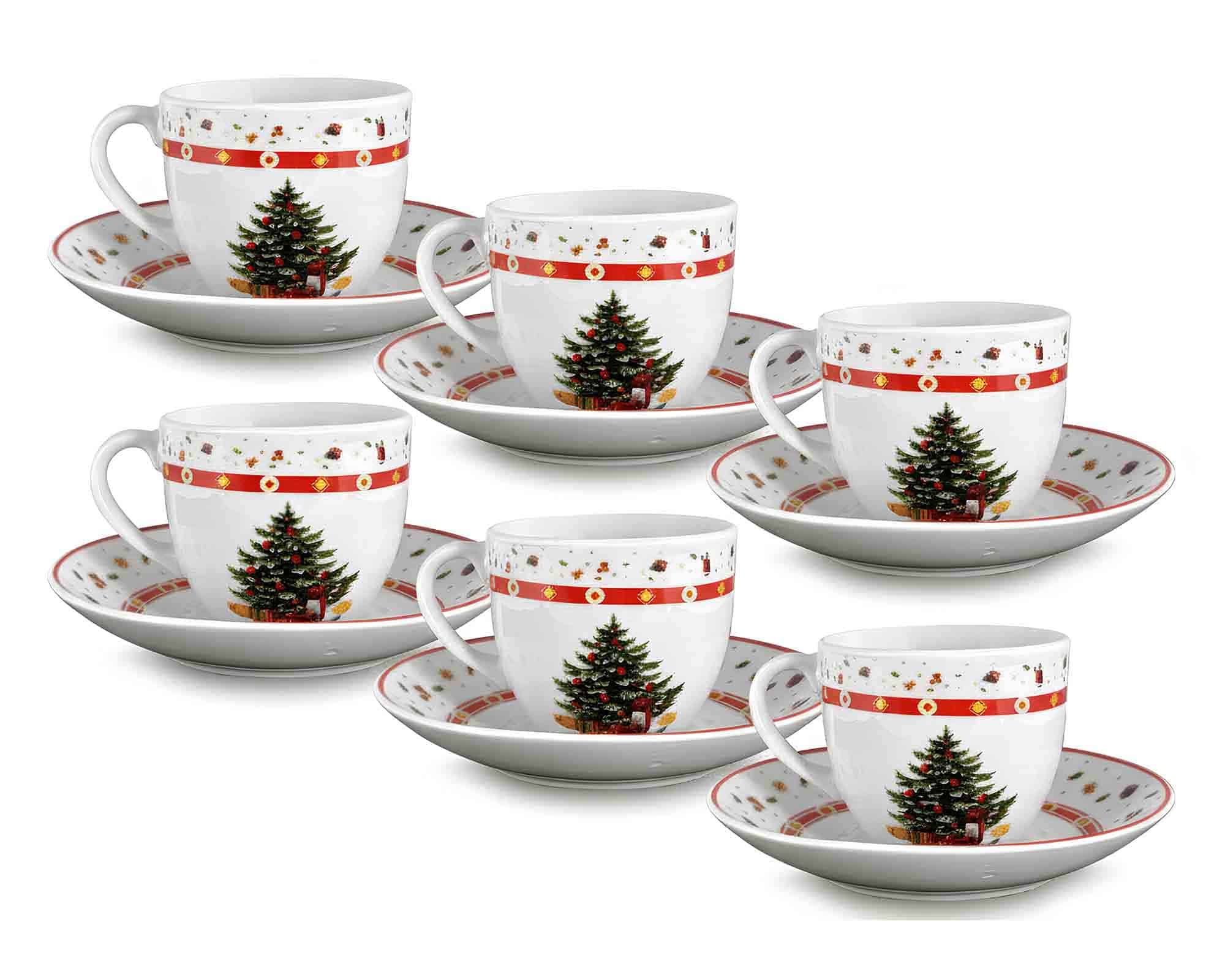 Set 6 Pz Tazzina con Piattino e Albero di Natale D4,5x5,5cm in Porcellana - Arca