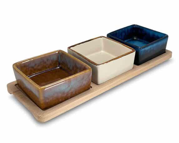 Set 4 Pz Aperitivo di Natale con Vassoio e 3 Ciotole Reactive 28x23x5cm in Ceramica e Bamboo – Arca