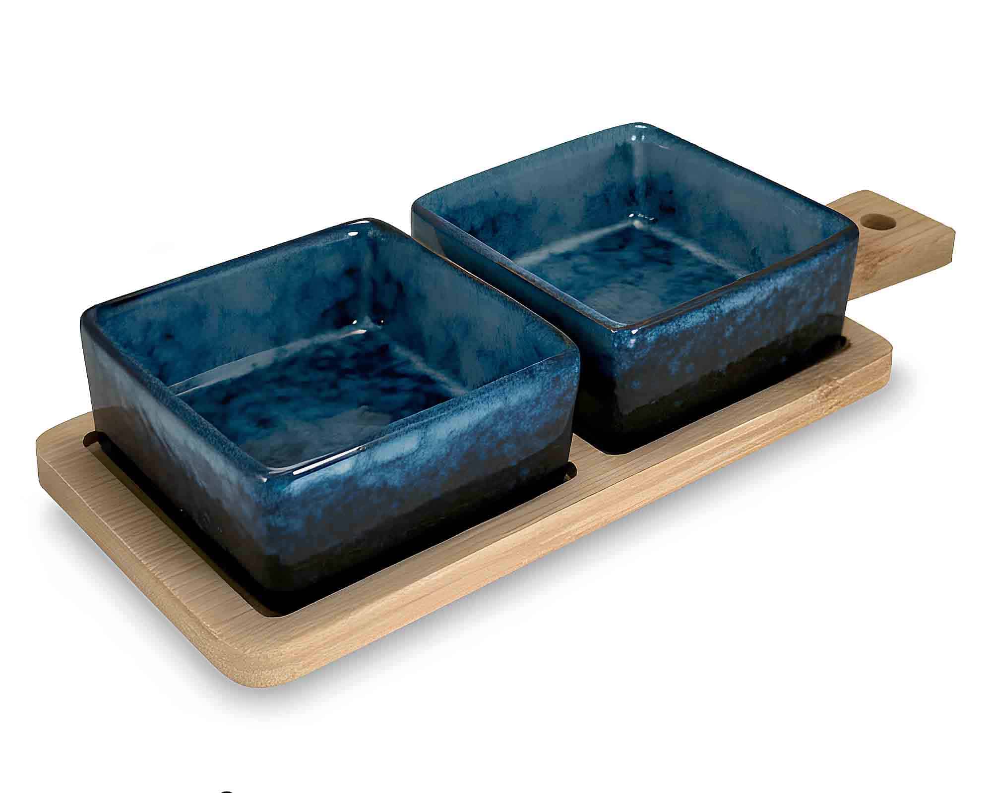 Set 3 Pz Aperitivo di Natale con Vassoio e 2 Ciotole Reactive 24x5cm in Ceramica e Bamboo - Arca