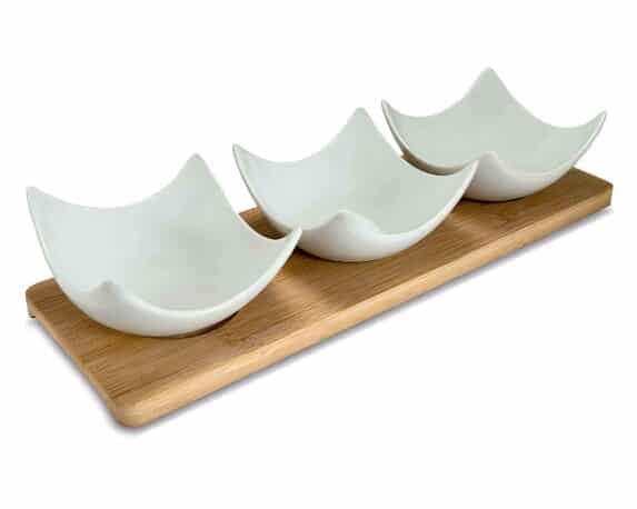 Set 4 Pz Aperitivo di Natale con Vassoio e 3 Ciotole 33x17x9cm in Ceramica e Bamboo – Arca