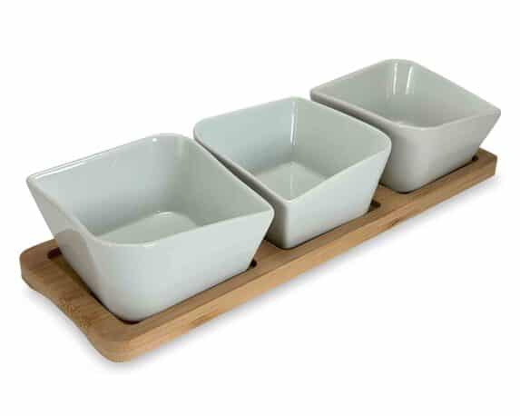 Set 4 Pz Aperitivo di Natale con Vassoio e 3 Ciotole Reactive 26x5cm in Ceramica e Bamboo – Arca