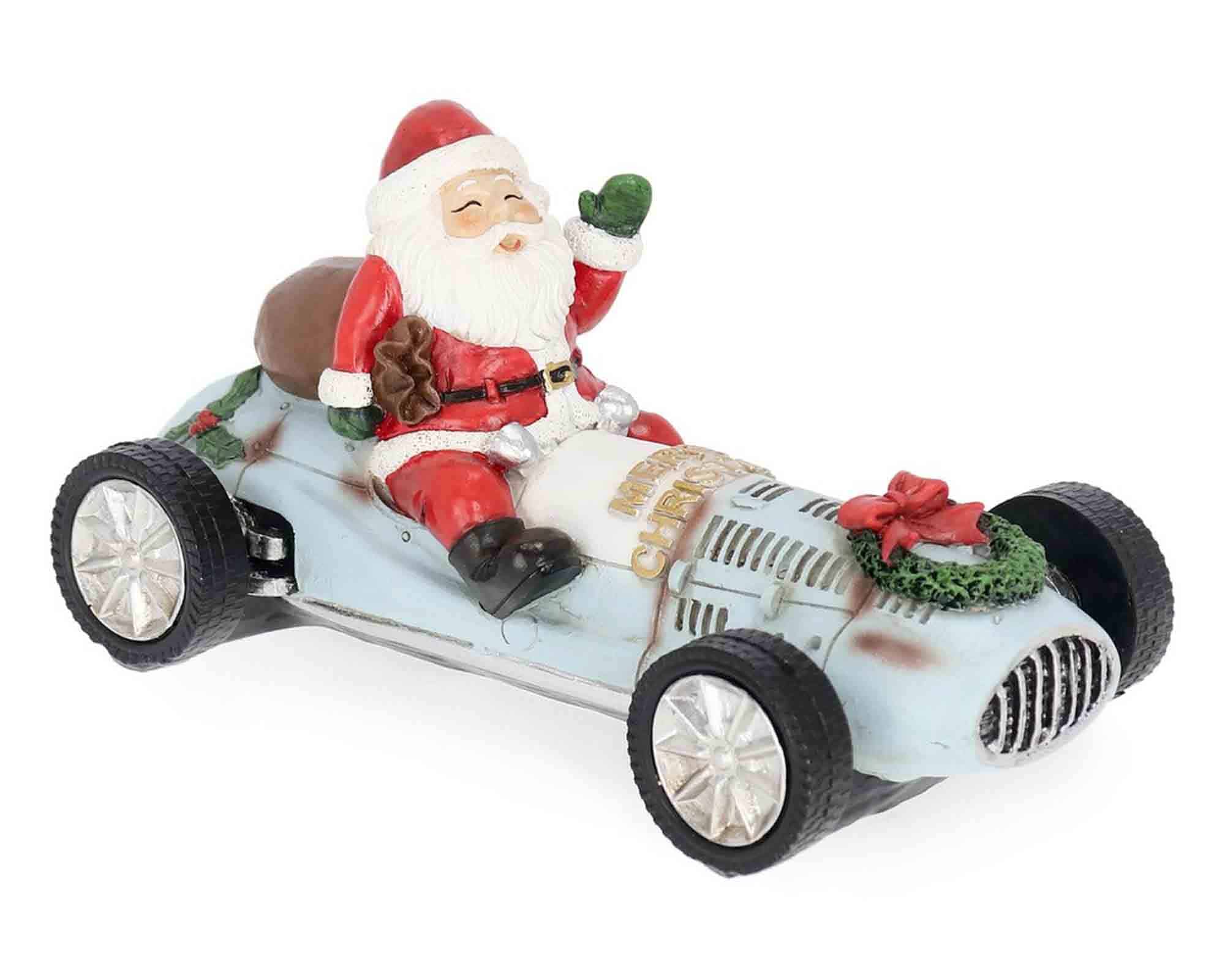 Decorazione Babbo Natale Jocelin con Macchina Azzurra 21,5x11,5x11,5cm in Resina - Bizzotto