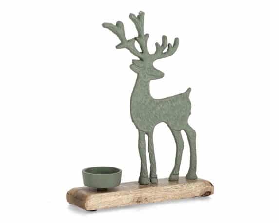 Decorazione Portacandela Verde con Renna e Base 18x5x22cm in Legno di Mango e Alluminio – Bizzotto