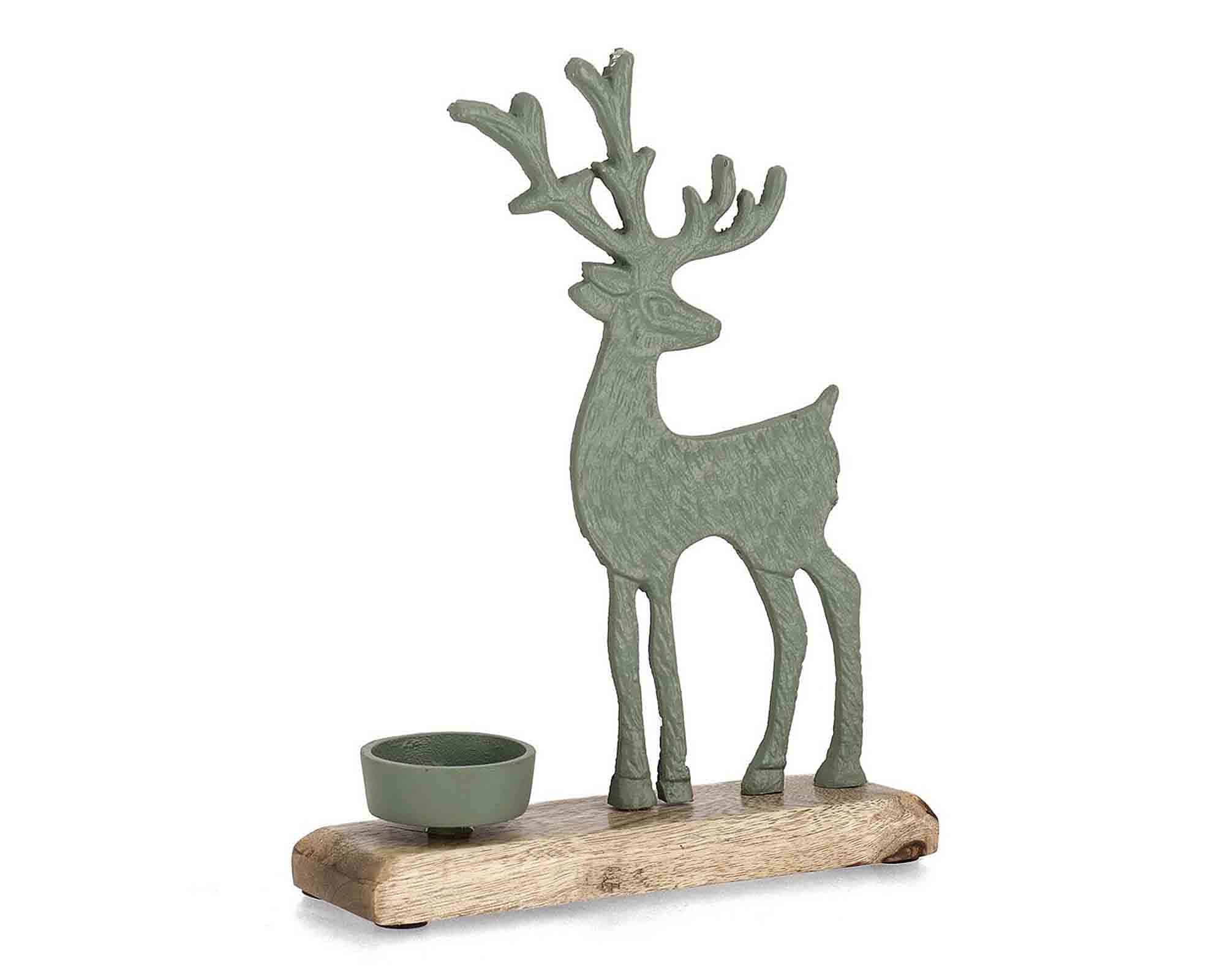 Decorazione Portacandela Verde con Renna e Base 18x5x22cm in Legno di Mango e Alluminio - Bizzotto