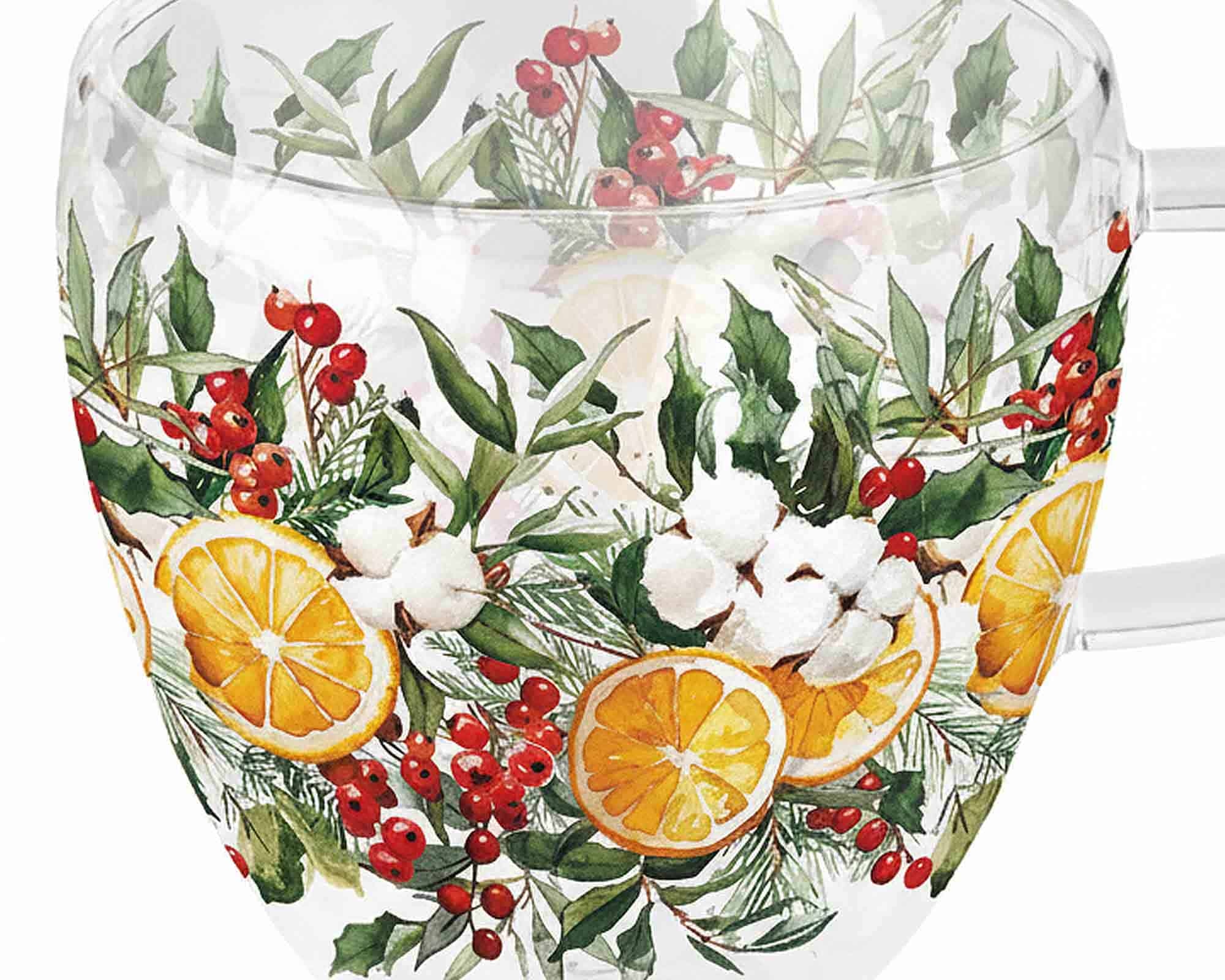 Tazza Natalizia Doppia Parete con Agrifoglio e Arance da 200ml in Vetro - immagine 2